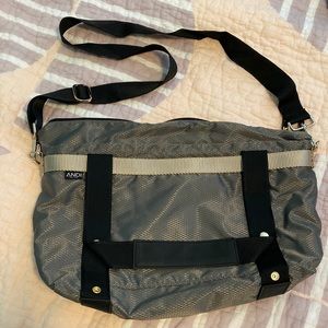 ANDI Gray Convertible Bag with Black Strap and Tan Webbing